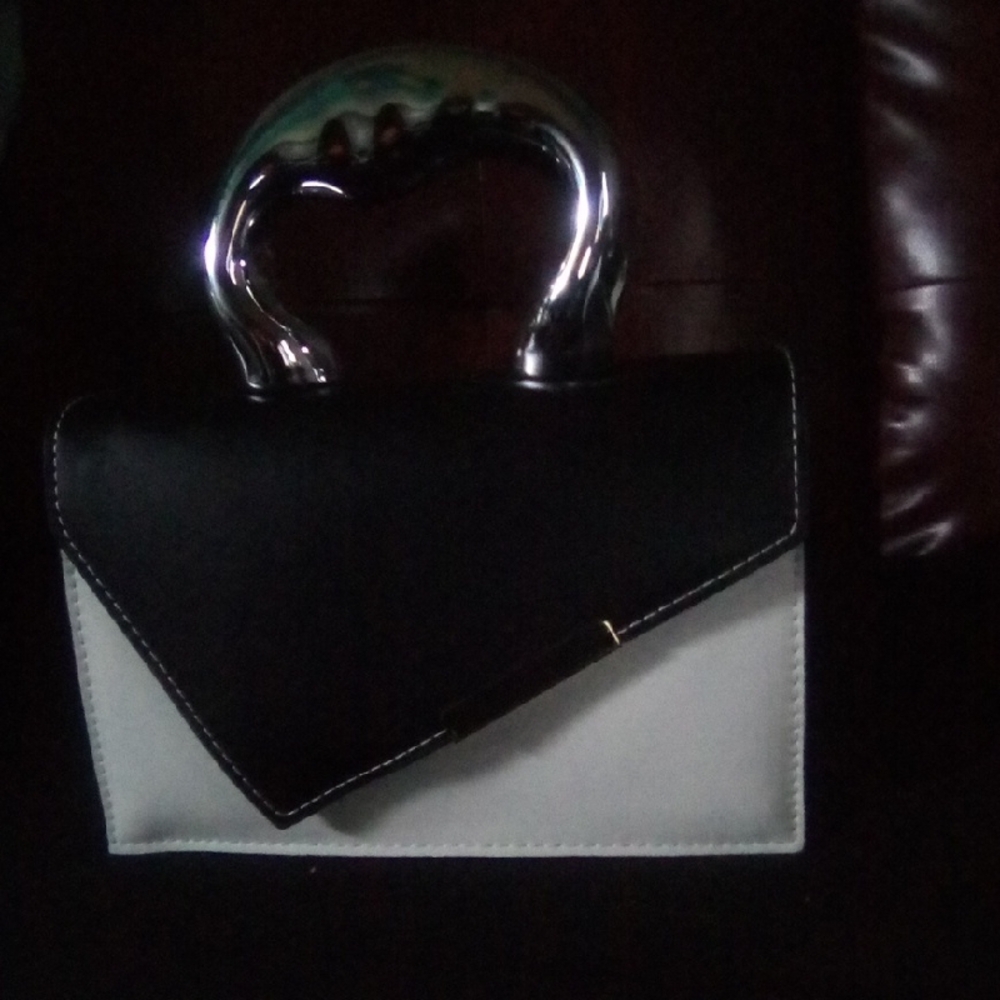Black and White Geometric Clutch with Metallic Handle